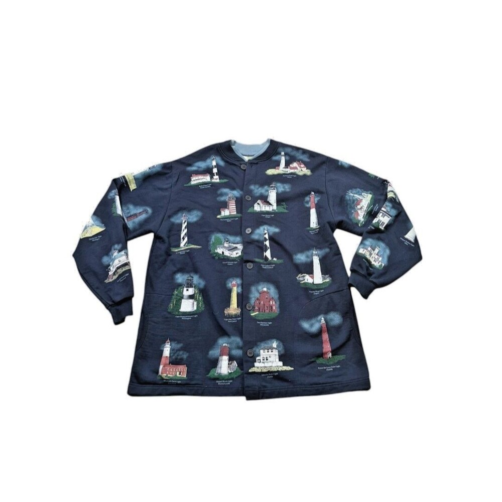 Vintage 90s Art Unlimited Lighthouse AOP Cardigan Womens XL Blue Pockets